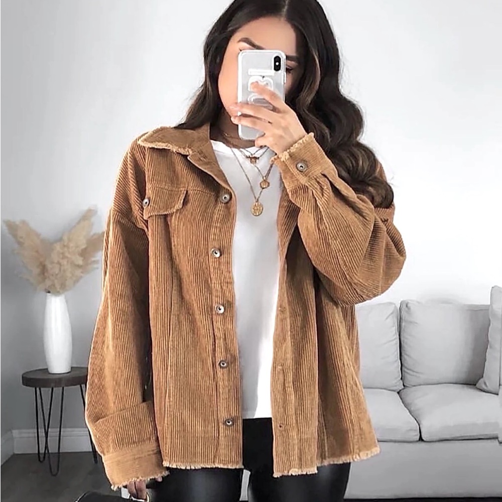 Priceless Corduroy Jacket Brown Frayed Hem Shacket Button Front Medium